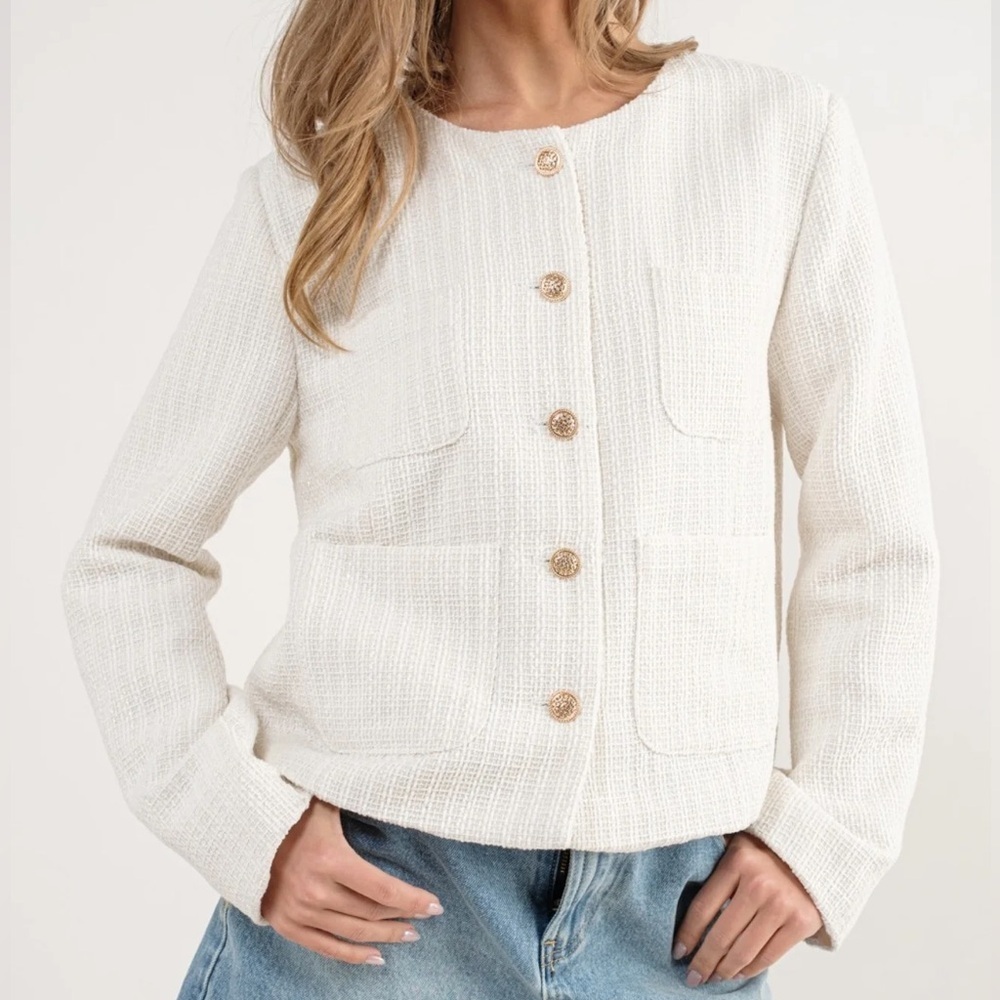 Aaron & Amber Tweed White Round Neck Gold Button 4-Pocket Blazer Jacket